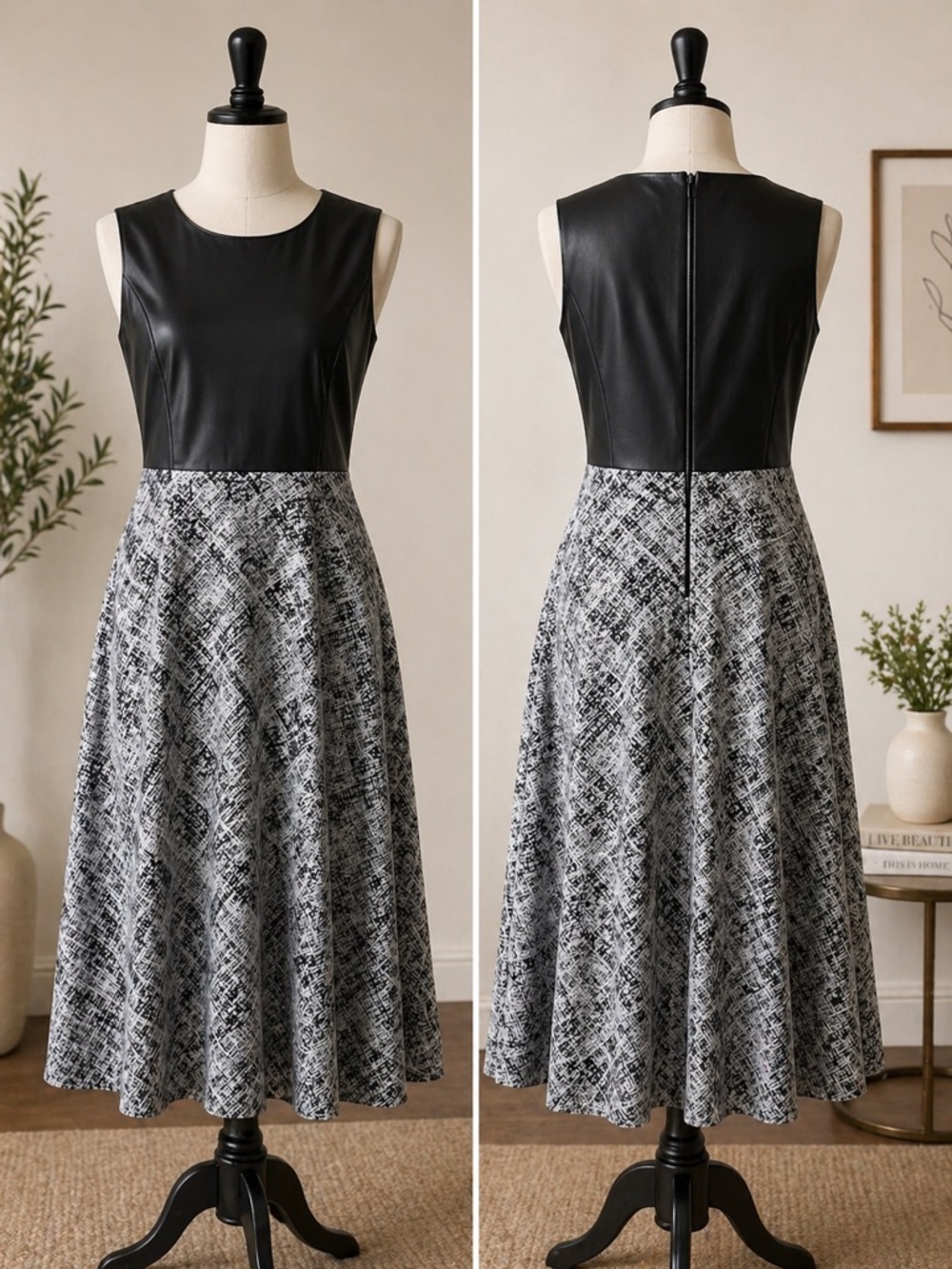 Calvin Klein Black Faux Leather Bodice with Gray Patterned A-Line Midi Skirt